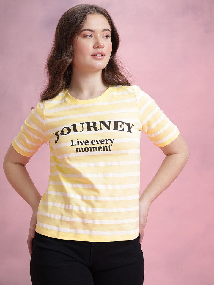 DressBerry Striped Typography Printed Pure Cotton T-shirt