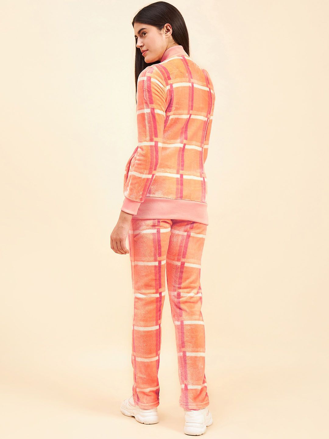 Sweet Dreams Women Peach-Coloured Checked Mock Collar Tracksuit