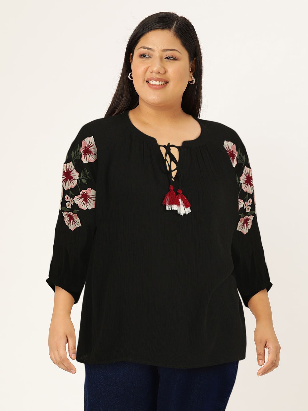 all about you Black Puff Sleeves Regular Top With Embroidery