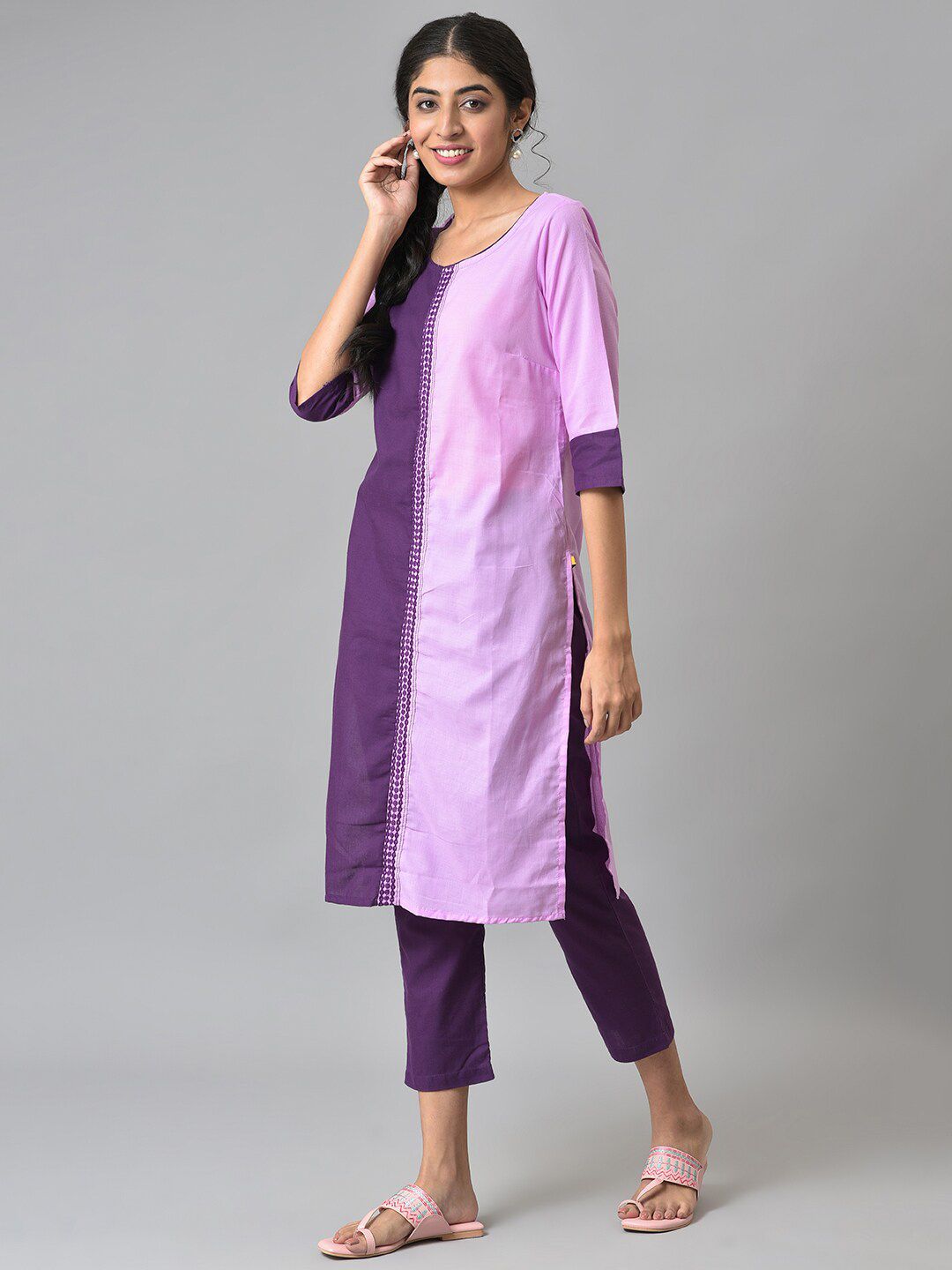 AURELIA Women Purple Colourblocked Panelled Kurta with Palazzos