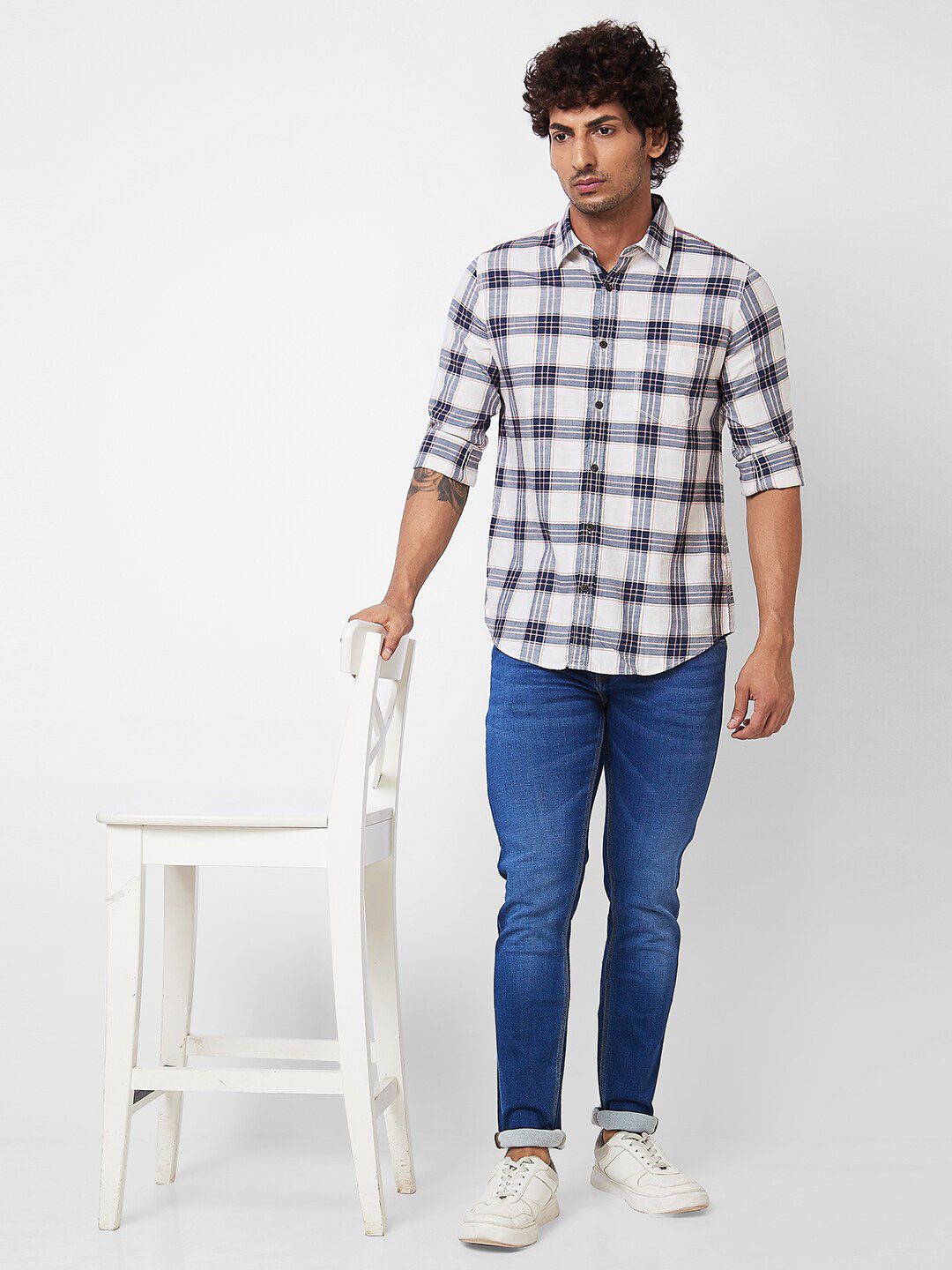 SPYKAR Baju Kasual Kapas Kolar Bersemak Tartan