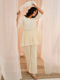 Libas Off White Self Design Round Neck Pure Cotton Kurti With Palazzos