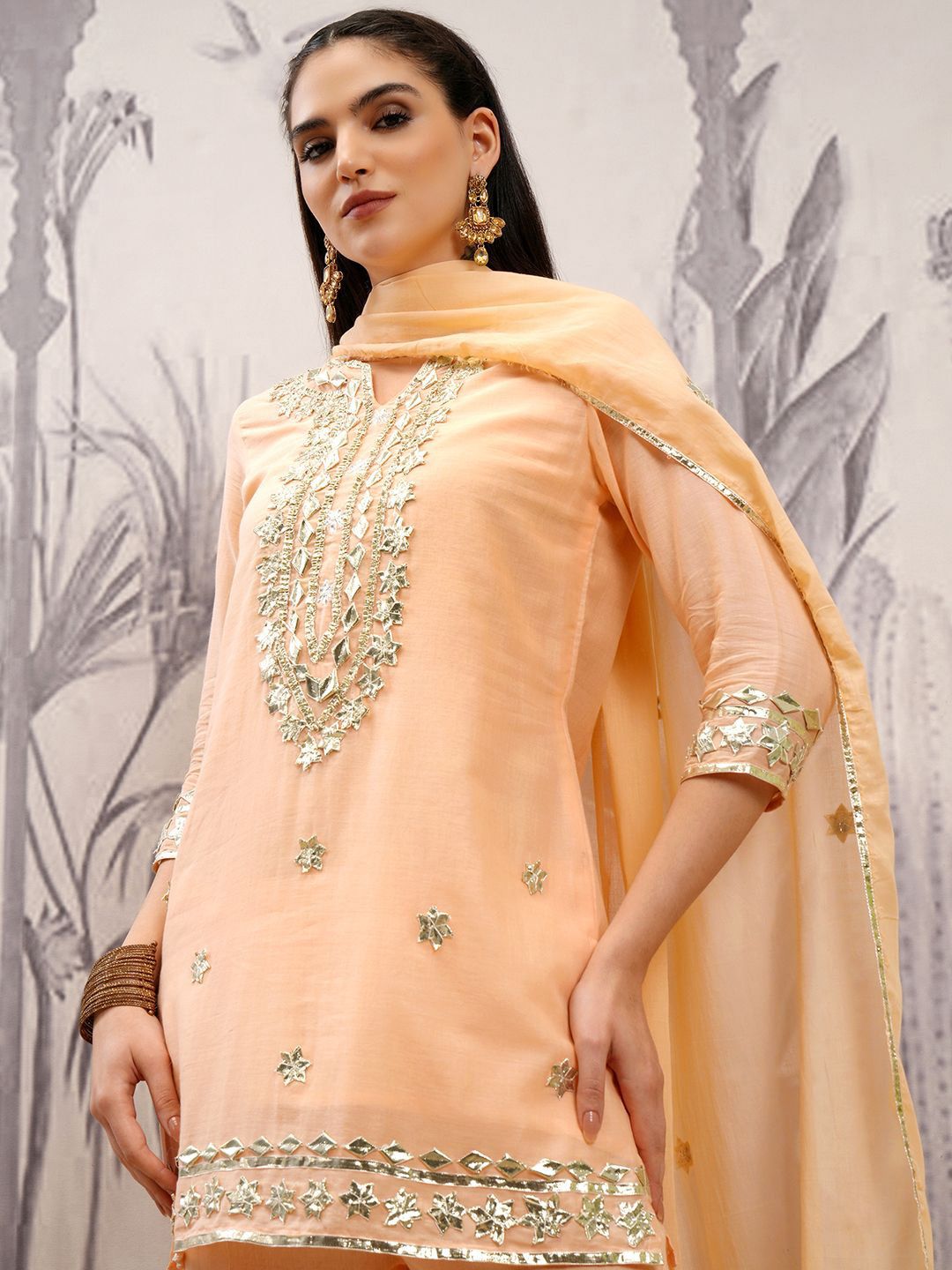 Vishudh Peach Coloured Floral Embroidered Pure Cotton Straight Kurta & Sharara & Dupatta