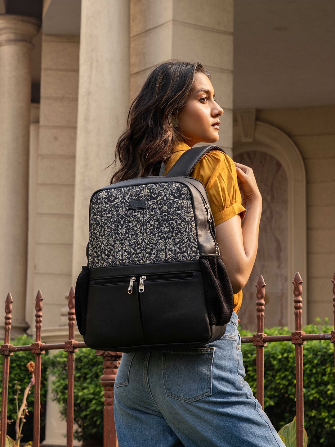 ZOUK Women Floral Printed Vegan Leather Backpack With Compression Straps-Up to 16 inch