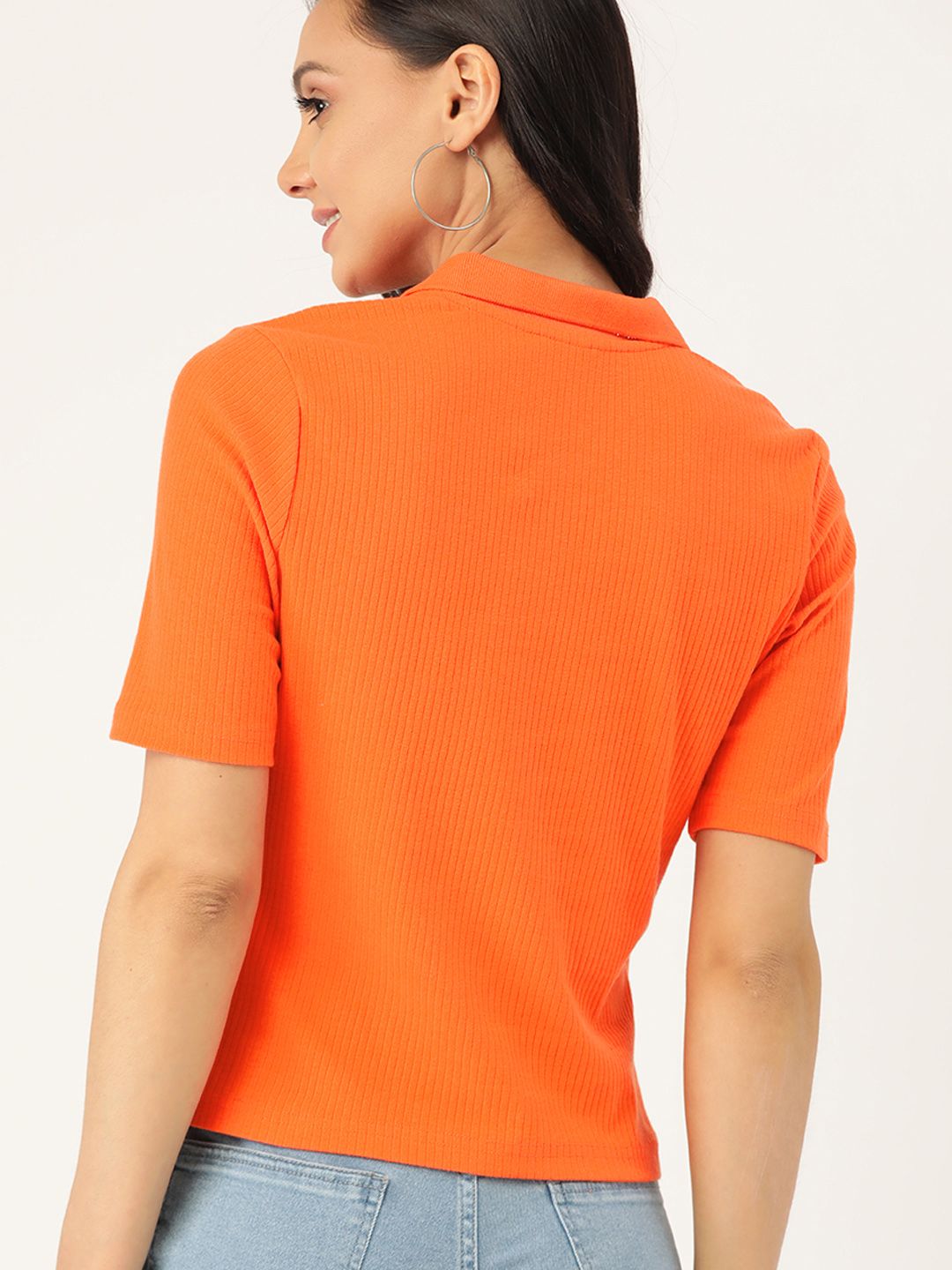 DressBerry Women Orange Ribbed Shirt Style Top