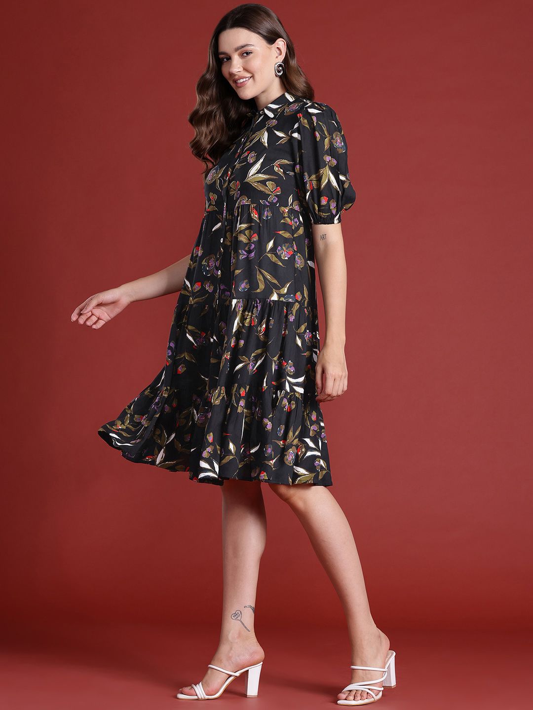 all about you Floral Print Tiered Shirt Dress