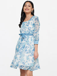 Global Desi Blue & White Floral A- Line Dress