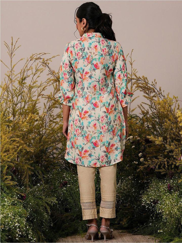 Libas Floral Printed Floral Shirt Collar Three-Quarter Sleeves Pathani Kurta