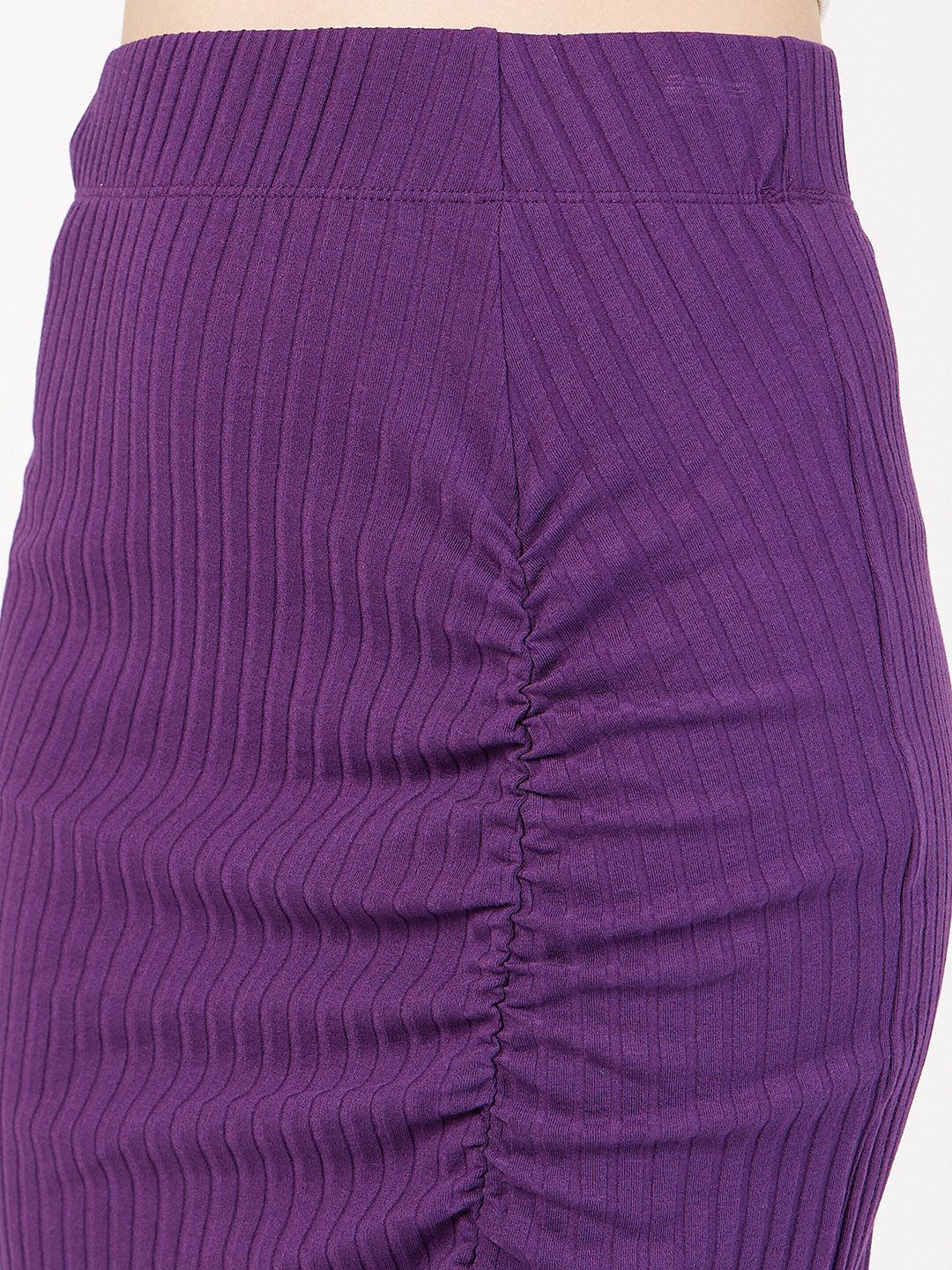SASSAFRAS Ribbed Front Slit Ruched Pencil Midi Skirt