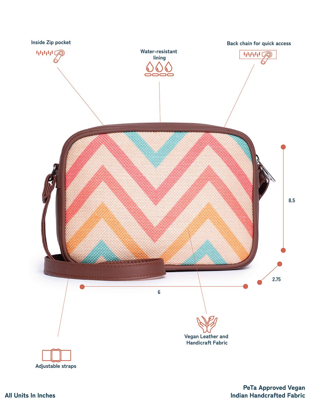 ZOUK Off-White & Pink Chevron Woven Design Handcrafted Vegan Leather Sustainable Sling Bag