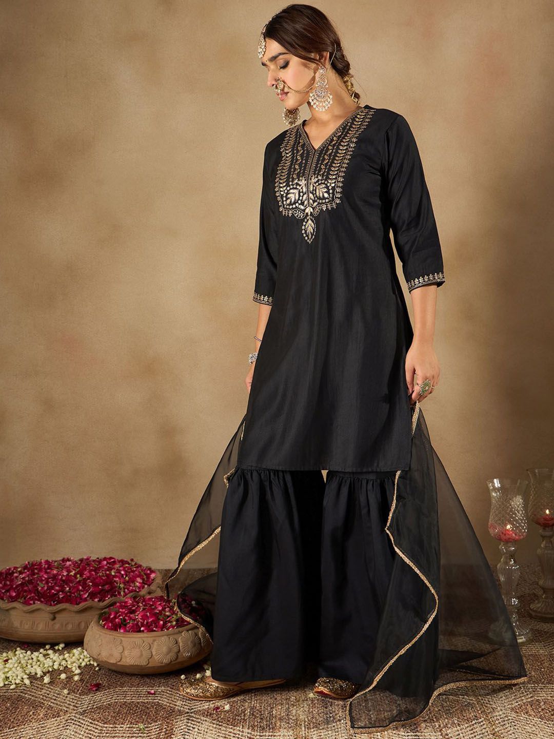 Indo Era Women Ethnic Motifs Embroidered Regular Liva Kurta with Sharara & With Dupatta