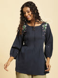 W Blue & Pink Vertical Striped Embroidered Pure Cotton Top