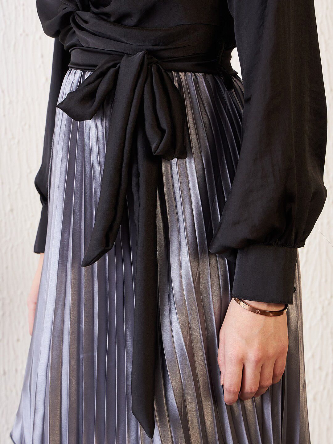 Antheaa Black V-Neck Knotted Fit & Flare Accordian Pleated Midi Dress