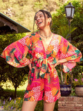 SASSAFRAS Orange & Green Floral Printed Front Tie Knot Playsuit