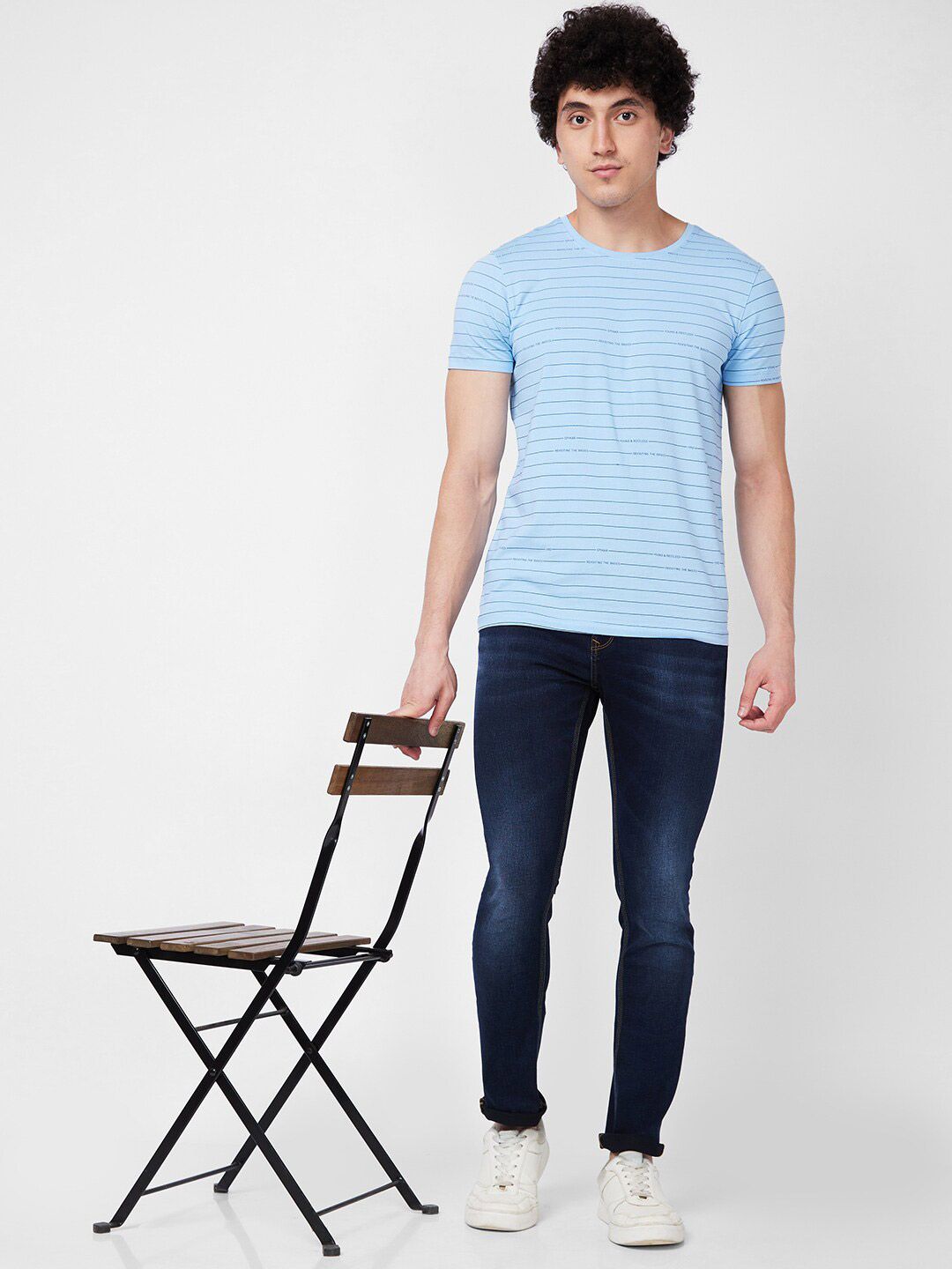 SPYKAR Round Neck Short Sleeves Striped Slim Fit Cotton T-shirt