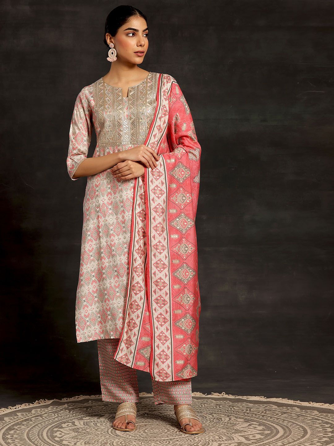 Libas Beige Ethnic Motifs Printed Sequinned Straight Kurta With Palazzos & Dupatta