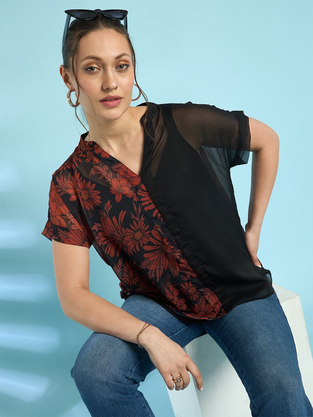 Antheaa Floral Print Mandarin Collar Chiffon Shirt Style Top