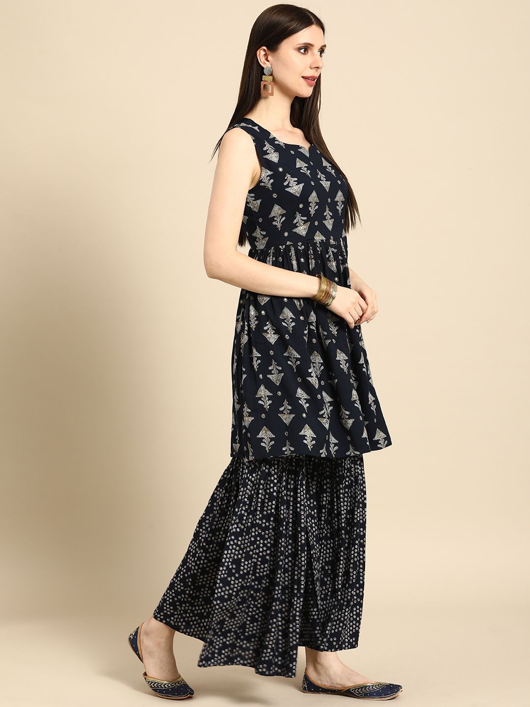 Anouk Women Navy Blue & Grey Ethnic Motifs Printed Kurta with Sharara & Dupatta