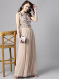 STREET 9 Women Peach-Coloured Solid Maxi Dress with Embellished Detail