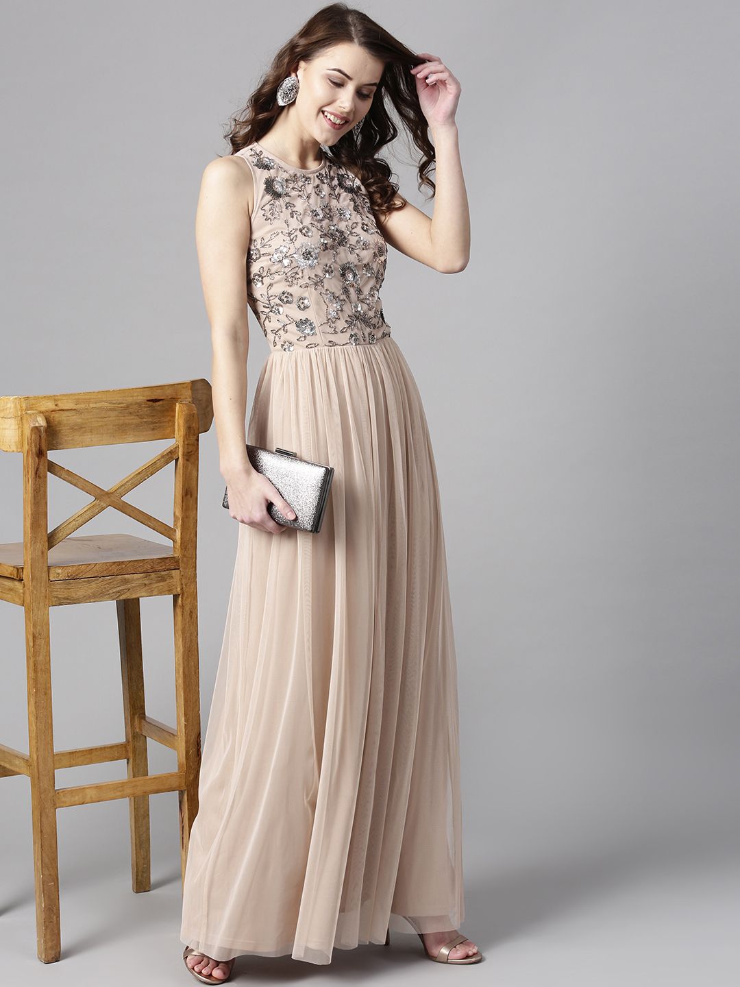 STREET 9 Women Beige Solid Maxi Dress with Embellished Detail