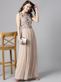 STREET 9 Women Beige Solid Maxi Dress with Embellished Detail