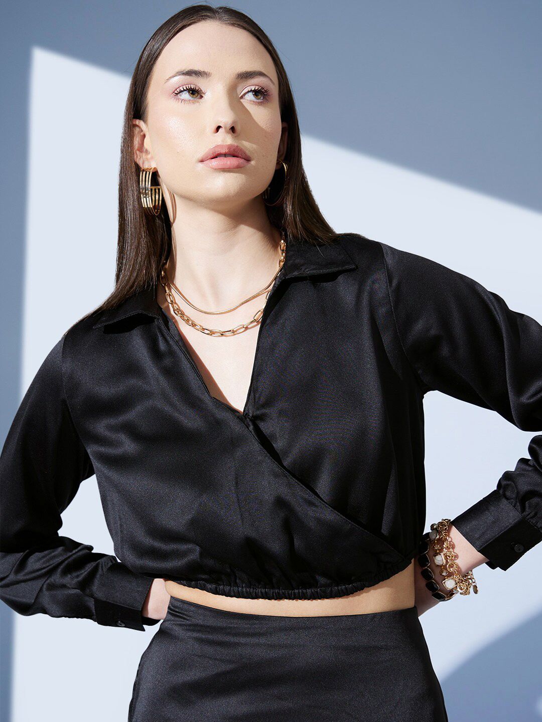 STREET 9 Black Shirt Collar Cuffed Sleeves Crop Top
