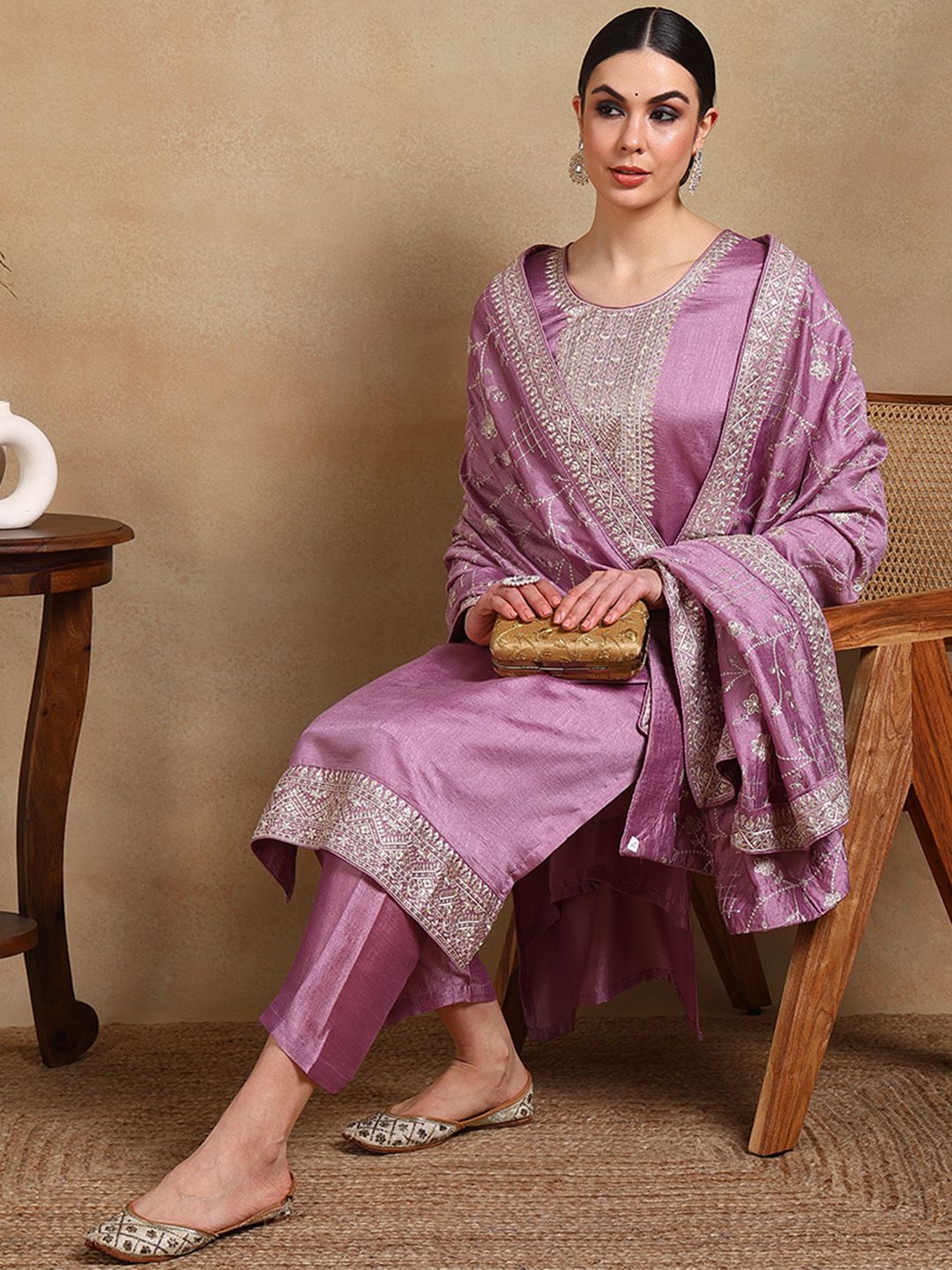 KALINI Floral Embroidered Sequinned Straight Kurta & Trousers With Dupatta