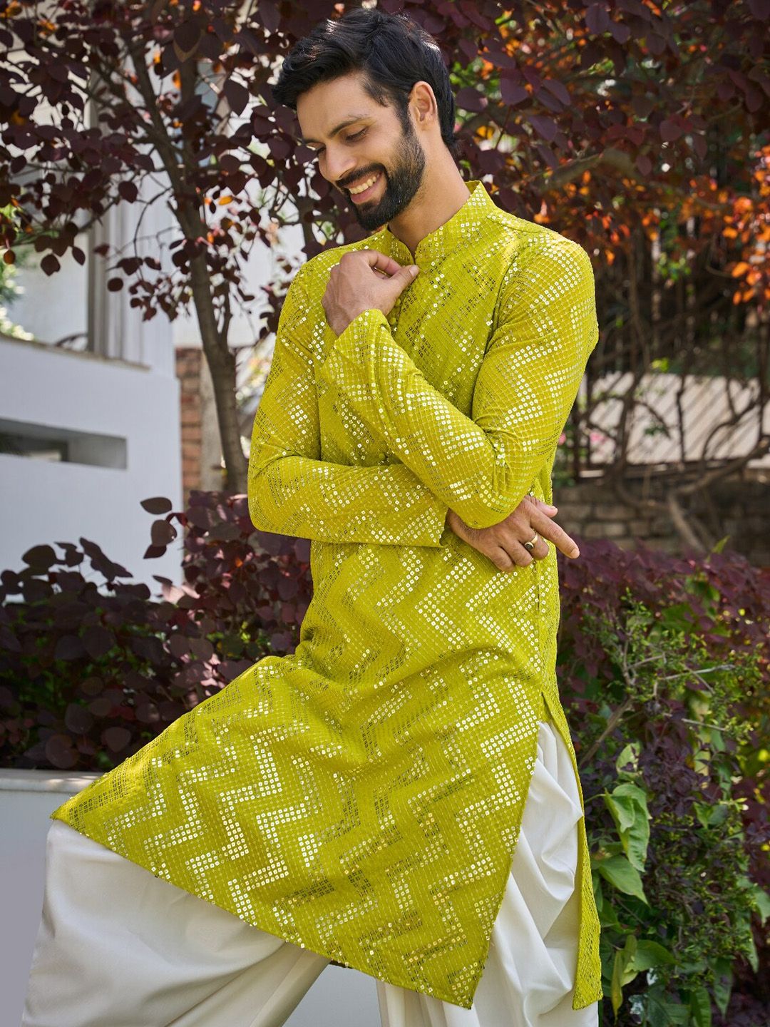 See Designs Geometric Woven Design Mandarin Collar Straight Kurta