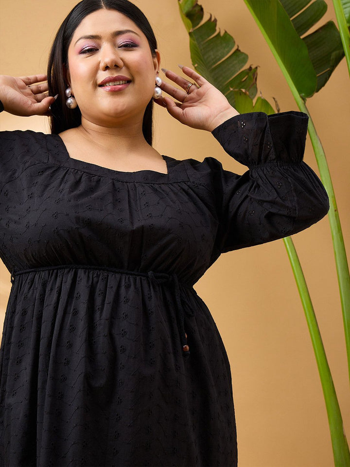 SASSAFRAS Curve Plus Size Self Design Schiffli Pure Cotton Fit and Flare Midi Dress