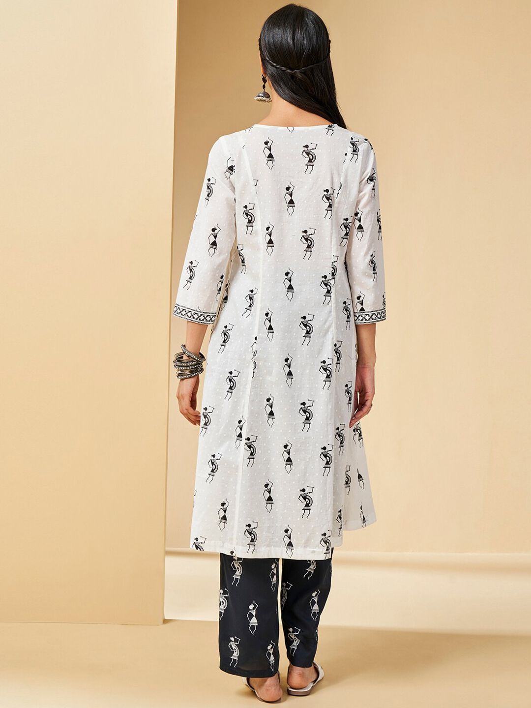 Global Desi Embroidered Flared Sleeves Thread Work Dobby Weave Cotton Kurta