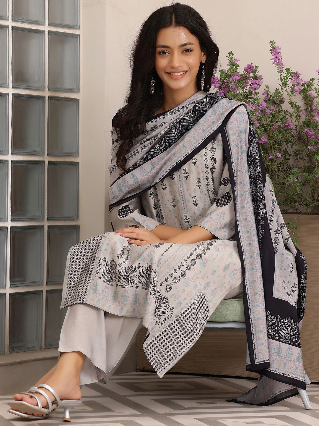 Libas Floral Printed Straight Kurta with Trousers & Dupatta