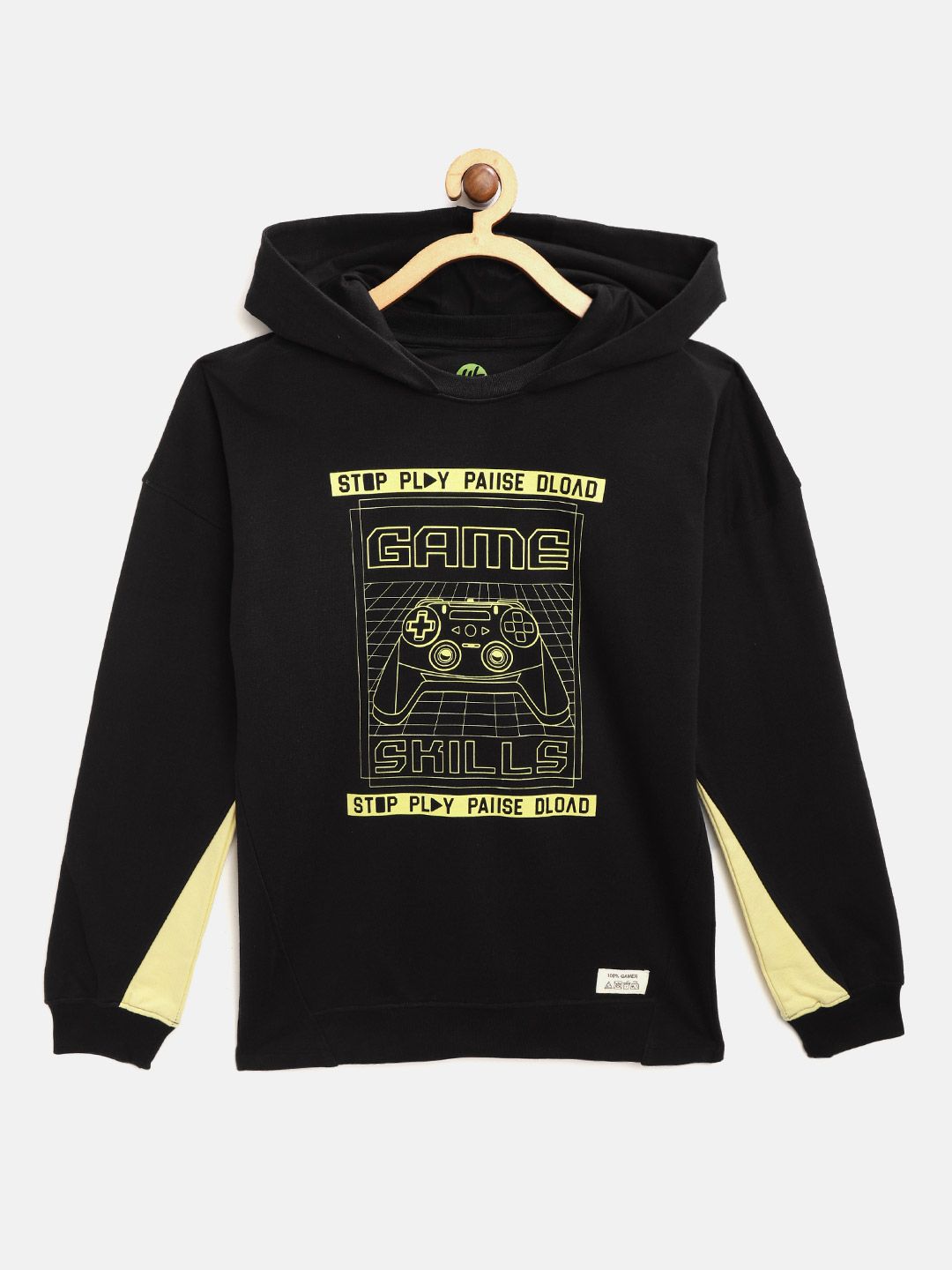 YK Boys Black & Yellow Graphic Print Hooded Sweatshirt