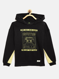 YK Boys Black & Yellow Graphic Print Hooded Sweatshirt