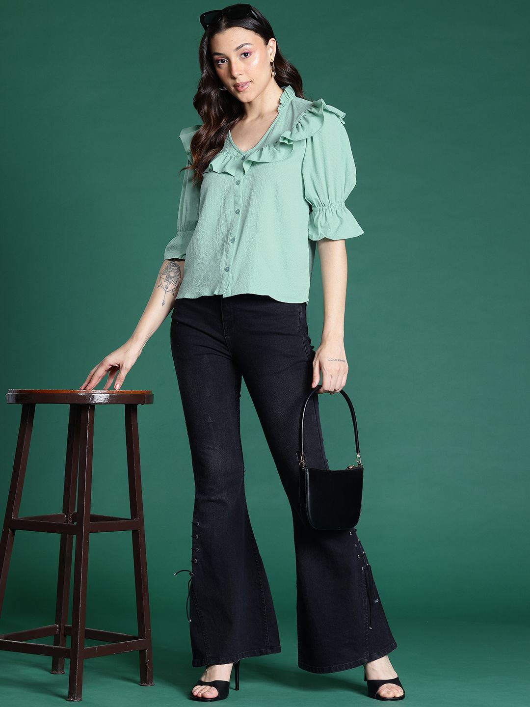 DressBerry Puff Sleeve Ruffles Shirt Style Top