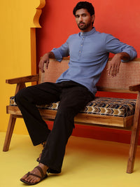Jompers Striped Band Collar Long Roll-Up Sleeves Straight Kurta