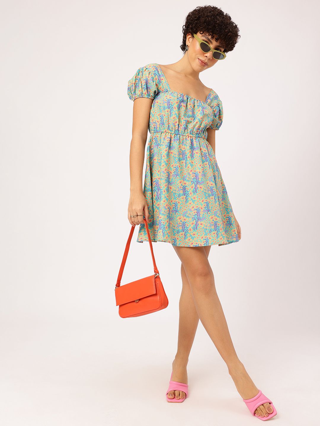 DressBerry Floral Frenzy Square Neck Puff Sleeves Fit & Flare Dress
