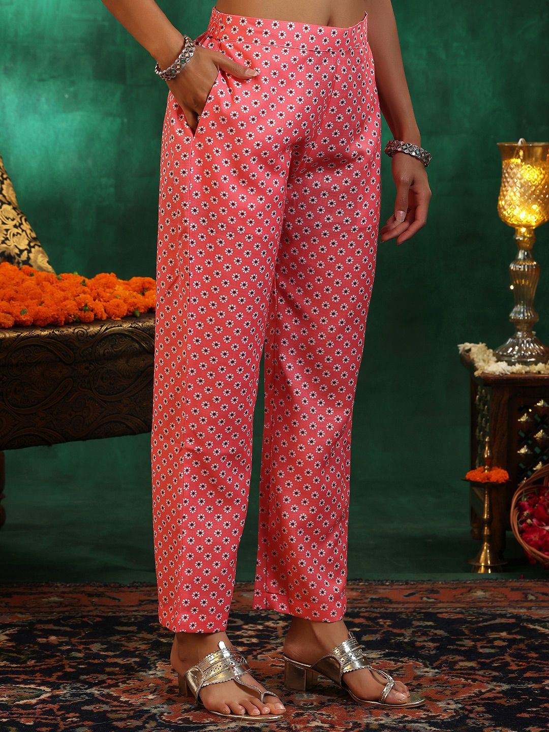 Libas Floral Printed Mirror Work Linen Kurta with Trousers & Dupatta