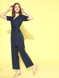 Berrylush Navy Blue & White Shawl Neck Printed Culotte Jumpsuit