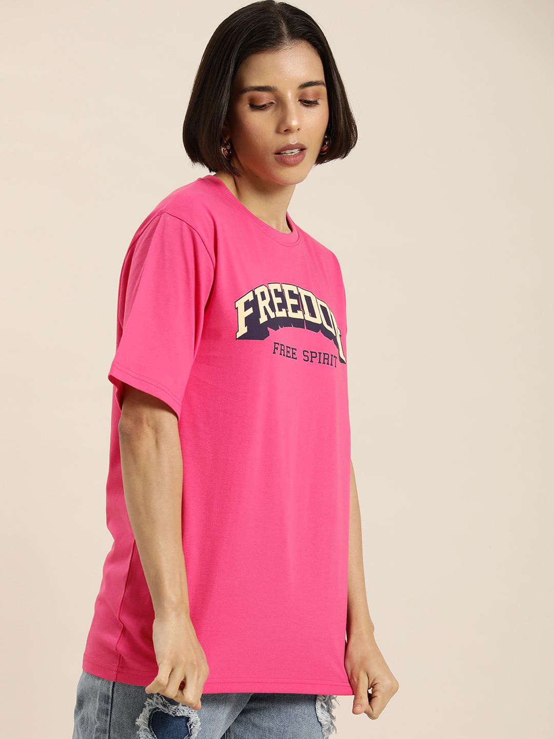 DILLINGER Women Pink & Cream-Coloured Typography Pure Cotton Oversized T-shirt