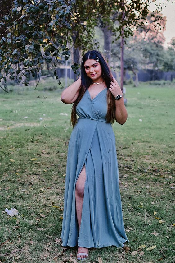 Berrylush Blue Front Slit Maxi Dress