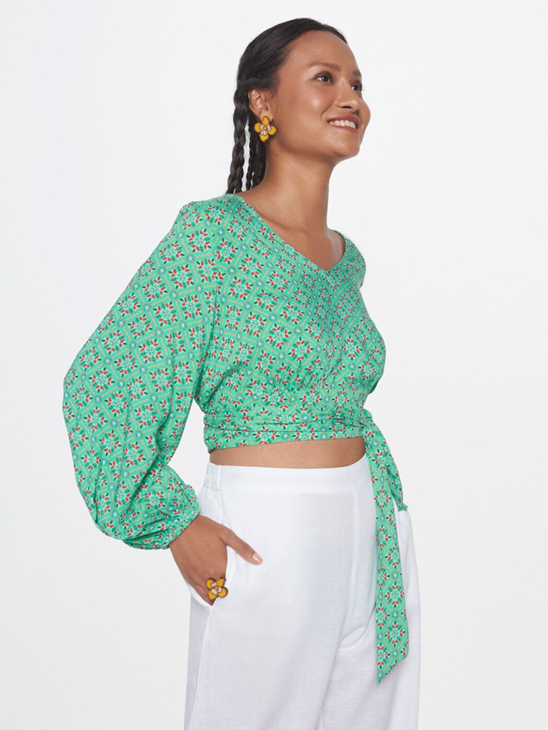 Global Desi Floral Print Puff Sleeve Crop Top