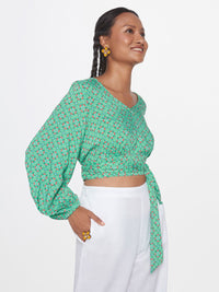 Global Desi Floral Print Puff Sleeve Crop Top