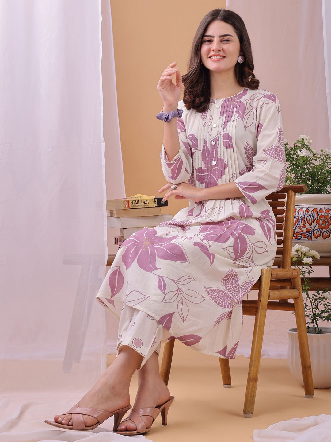 KALINI Women Floral Printed Regular Beads and Stones Pure Cotton Kurta with Trousers