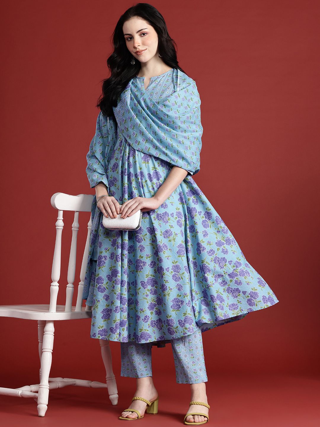 Anouk Floral Print Kurta with Trousers & Dupatta