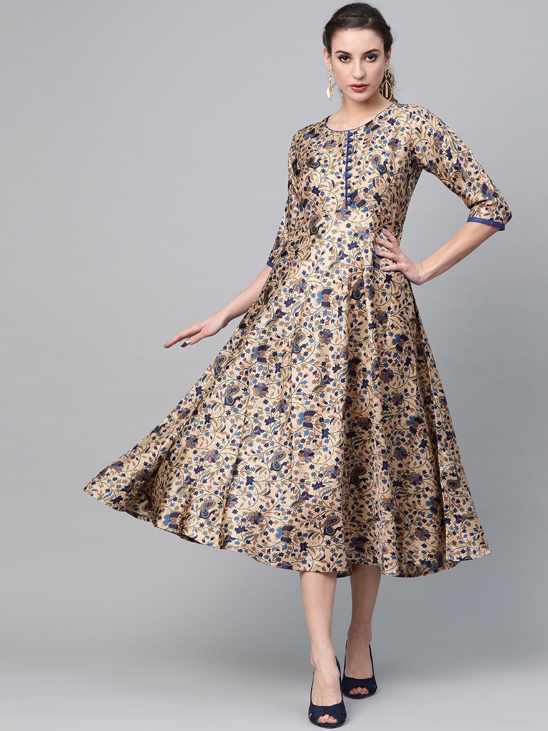 Gerua By Libas Women Beige  Blue Printed A-Line Dress