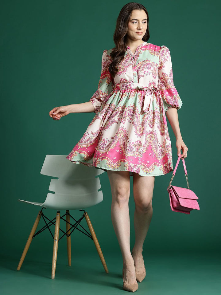 DressBerry Ethnic Motifs Print Puff Sleeves A-Line Mini Dress with Belt