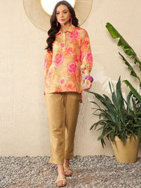 KALINI Floral Printed Shirt Collar Three-Quarter Sleeves Top With Trouser