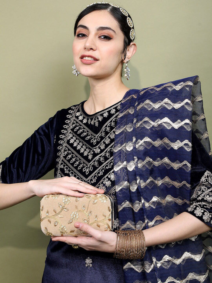 Vishudh Women Embroidered Knitted Velvet Kurta with Palazzo & With Dupatta