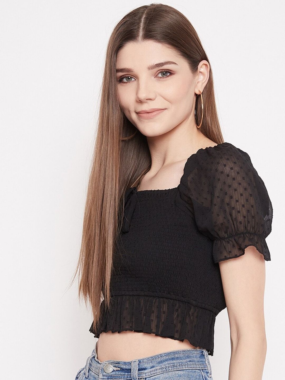 Berrylush Black Smocked Georgette Regular Crop Top
