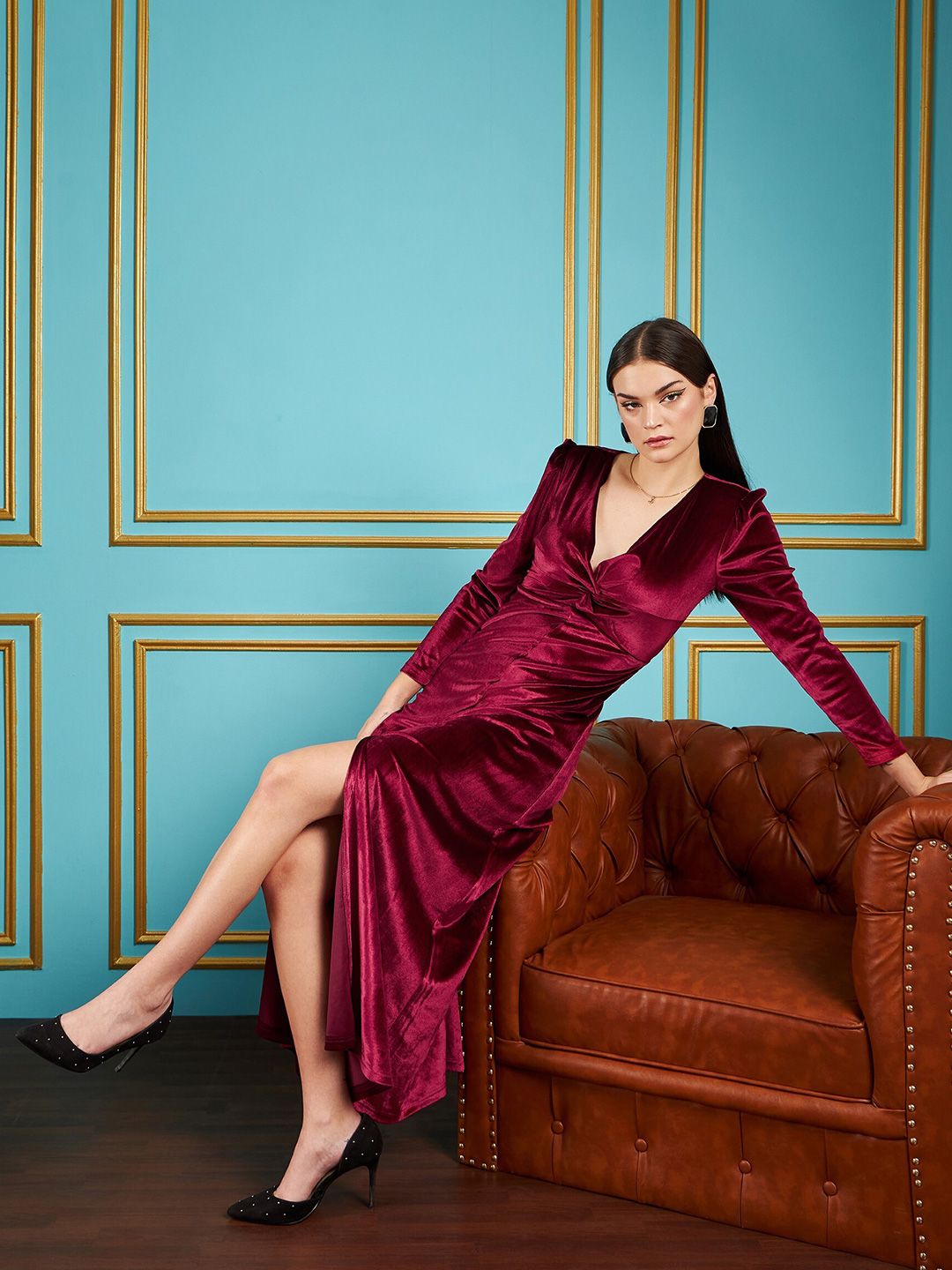 SASSAFRAS Maroon V-Neck Puff Sleeves Velvet Maxi Party Dress